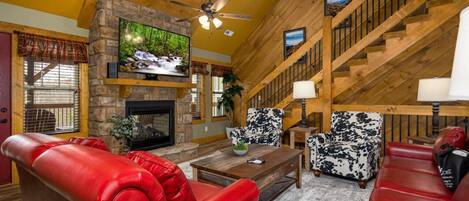 House, Multiple Beds, Hot Tub, Garden View | Living area | 50-inch flat-screen TV with cable channels, TV, fireplace