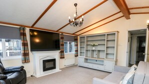 A living room with a fireplace, a television, and a built-in shelving unit. - The Goodwood Annex (Chichester)