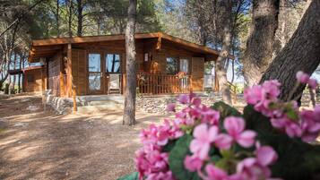 Une cabane en bois, construite sur des fondations en pierre et entourée d’arbres.