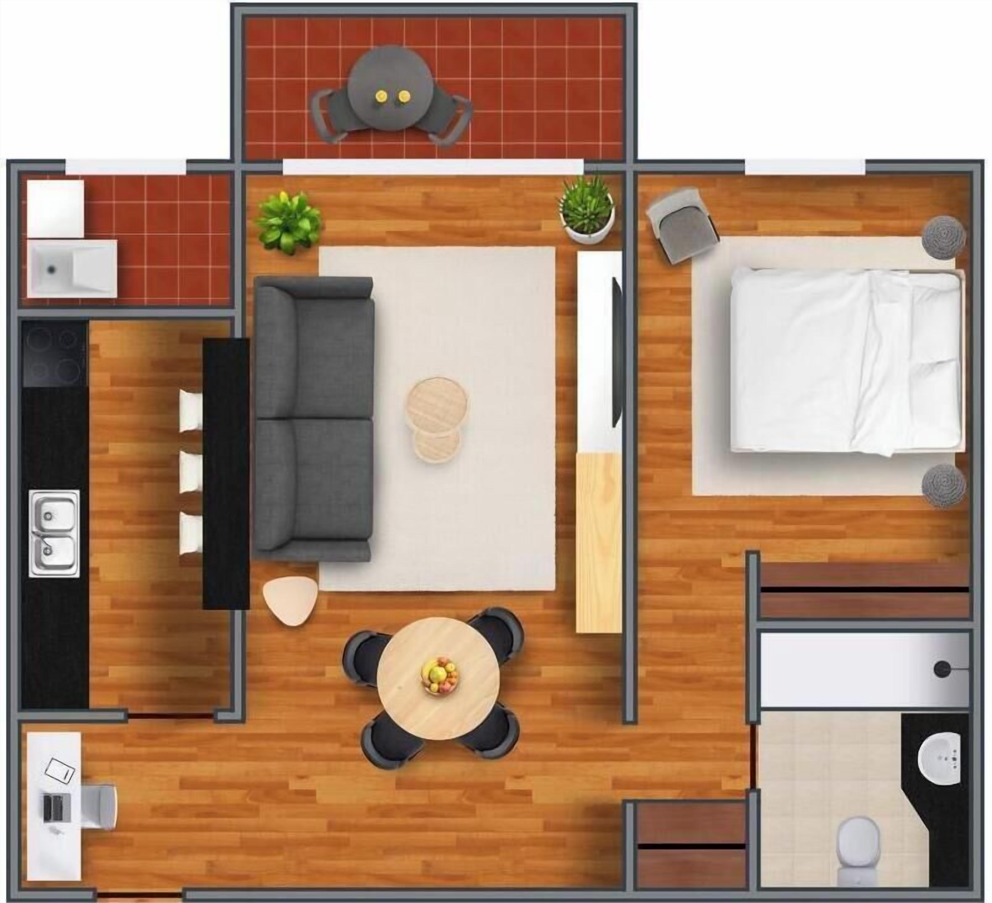 A 2-bedroom apartment with a living room, dining area, kitchen, and a small balcony.
