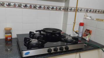 Fridge, cookware/dishes/utensils, spices, eco-friendly cleaning products