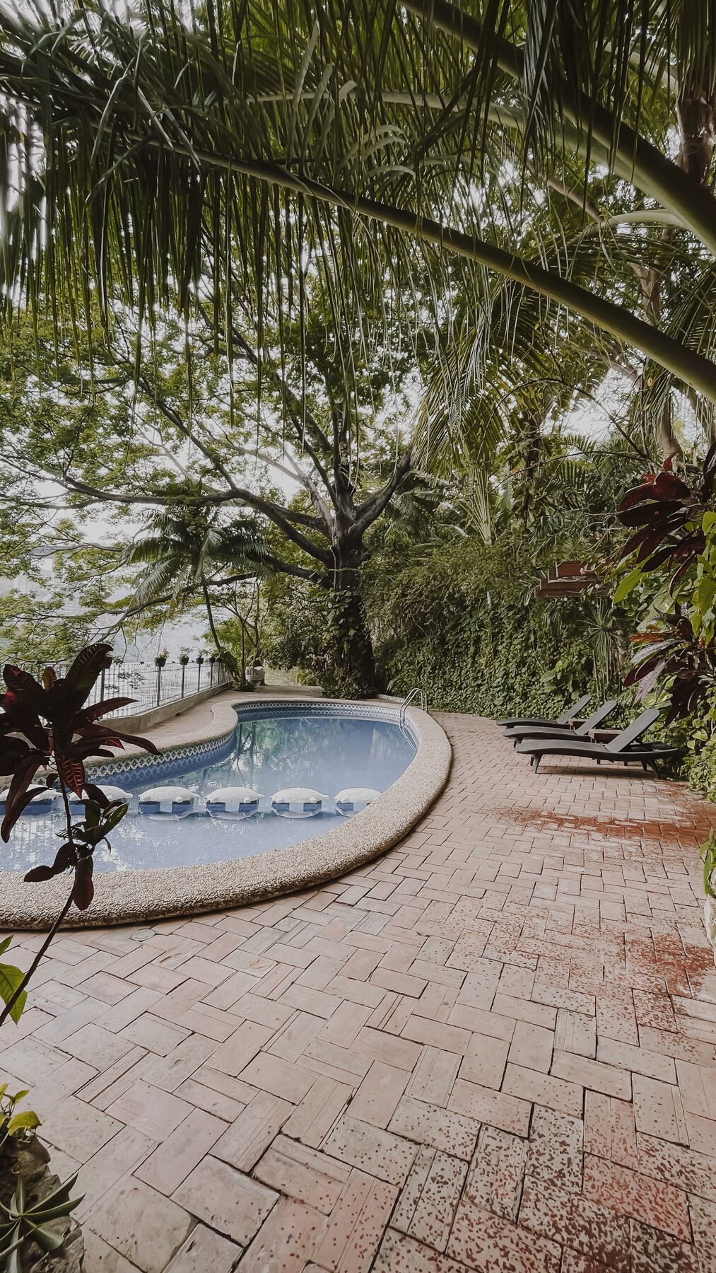 A circular pool with a tiled edge, surrounded by a brick pathway.