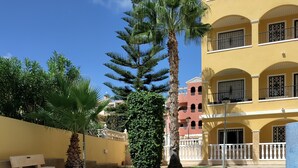 Una piscina con borde de azulejos, rodeada por un edificio con balcones y una palmera.
