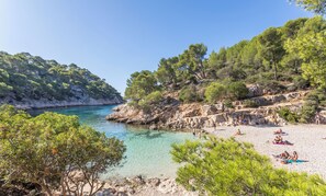 A beach with clear turquoise water, rocky cliffs, and dense green trees. - Résidence Pierre & Vacances Cap Cassis Calanques (Roquefort-la-Bedoule)