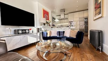 Smart TV, fireplace, DVD player, stereo