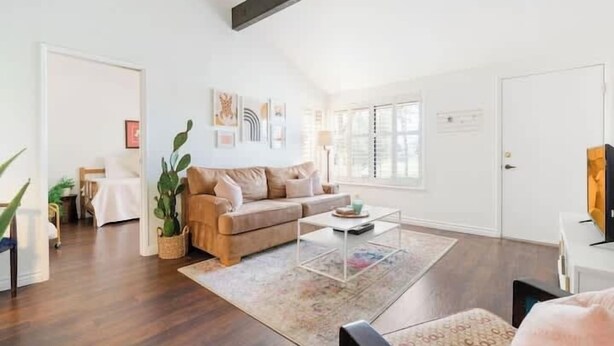Ein Wohnzimmer mit einem braunen Sofa, einem Couchtisch und einem Teppich. Im Hintergrund befindet sich eine Pflanze, eine Lampe und eine Tür.