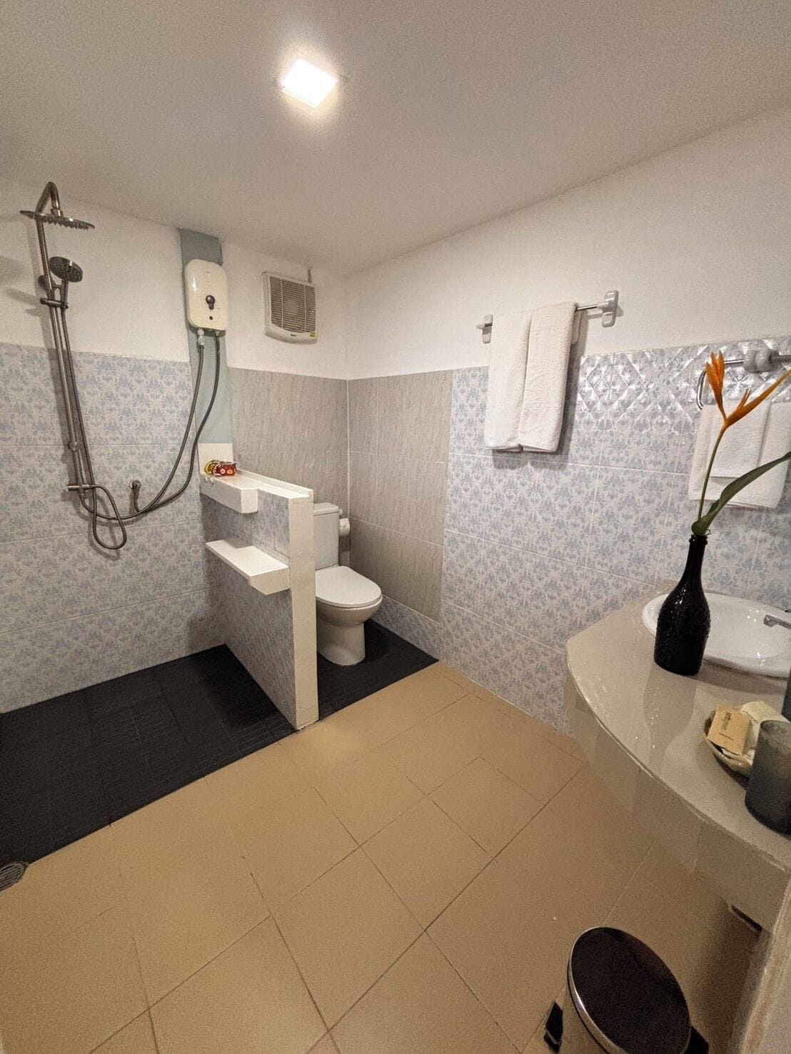 Une salle de bain avec douche, toilettes et lavabo.