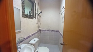 Regadera, toallas, papel de baño 