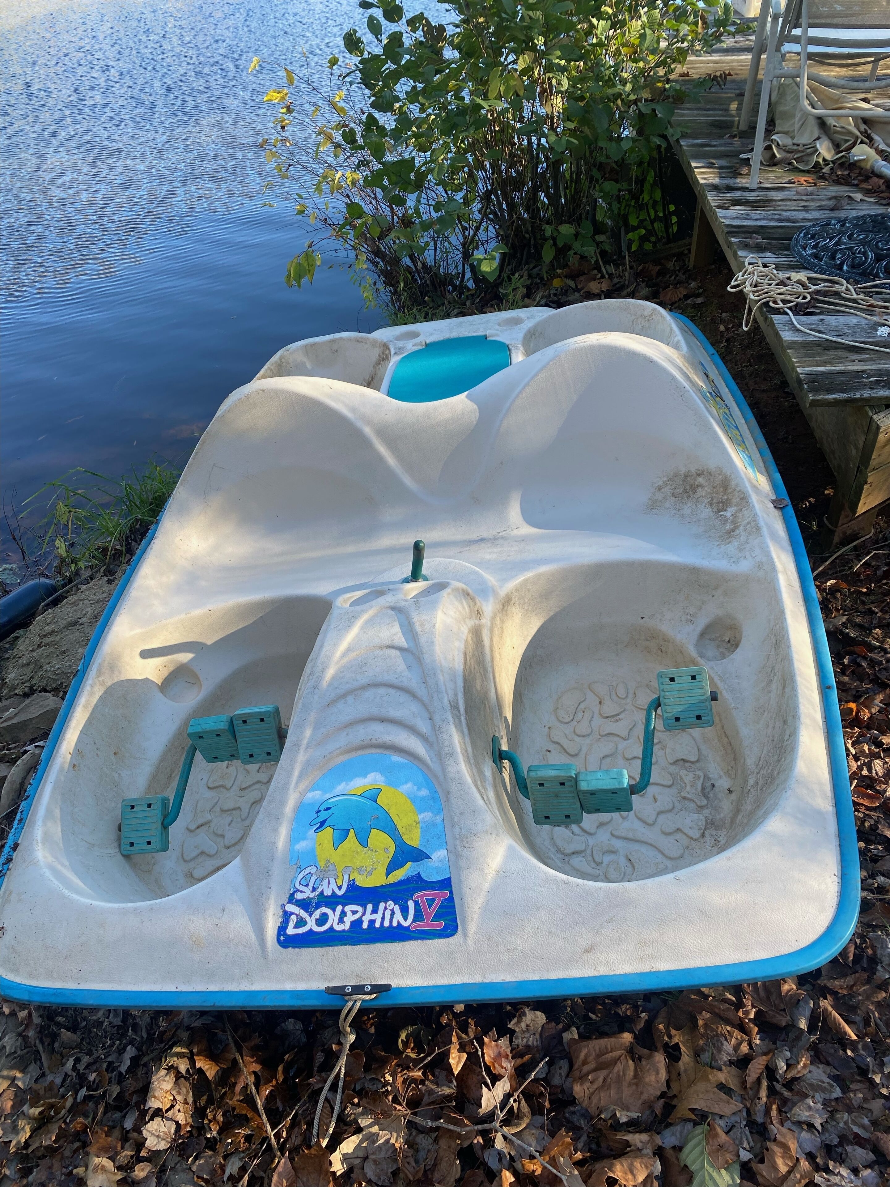 Un jet ski estacionado con un adhesivo con diseño de delfín, dos reposapiés y un borde azul, ubicado en un muelle con una pasarela de madera y suelo cubierto de hojas.