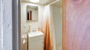 A bathroom with a white sink, a mirror, a towel dispenser, and a shower curtain. - Pecos Vacation Rental Near Rodeo Arena! (Pecos)
