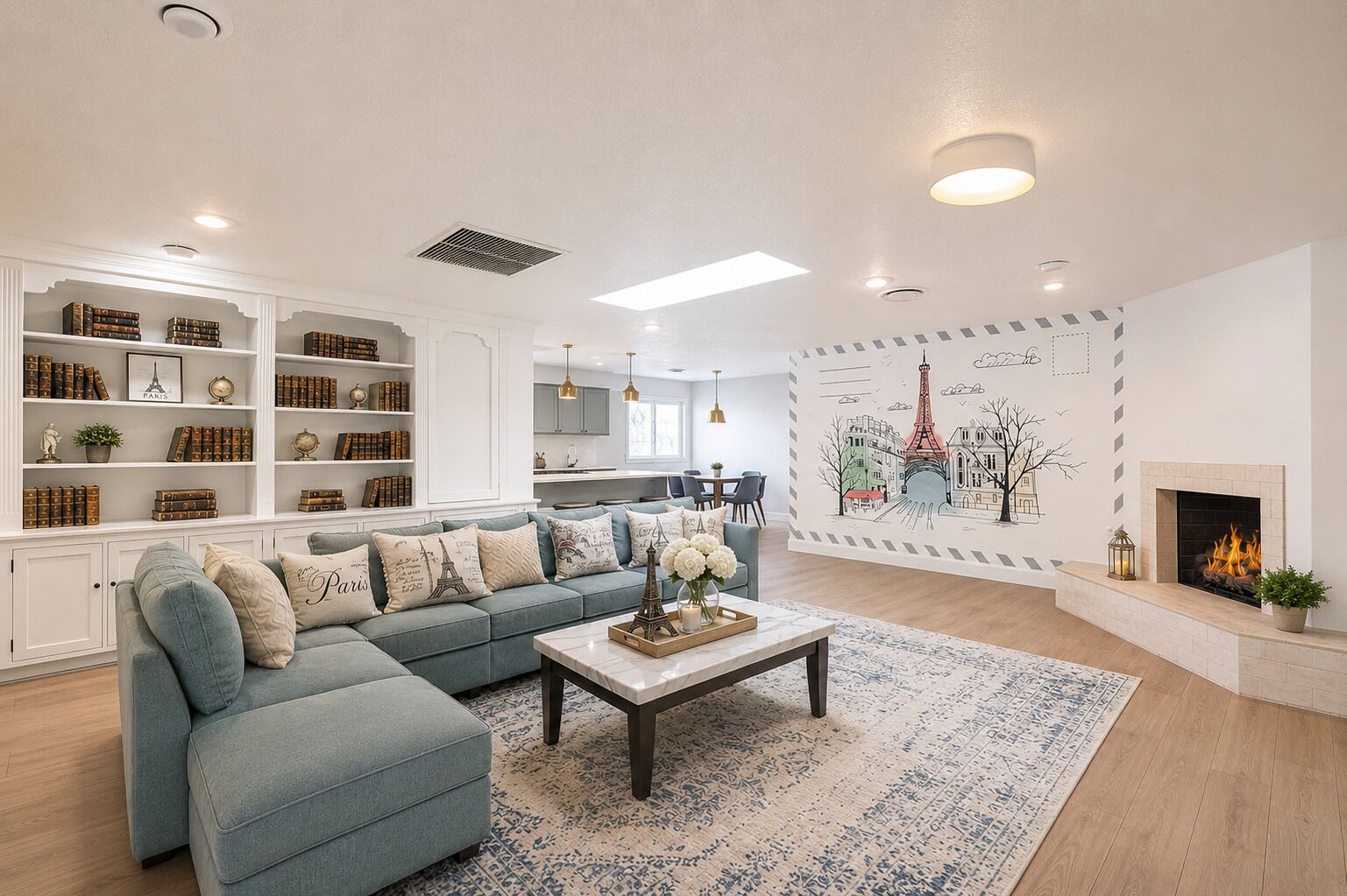 Ein Wohnzimmer mit Ecksofa, Couchtisch, Kamin und einer Wand mit Stadtbild-Wandgemälde.