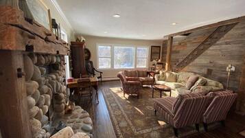 TV connectée, cheminée, lecteur de DVD, livres