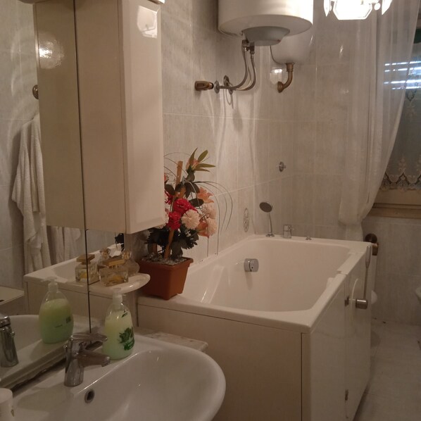 Hair dryer, bidet, towels, soap