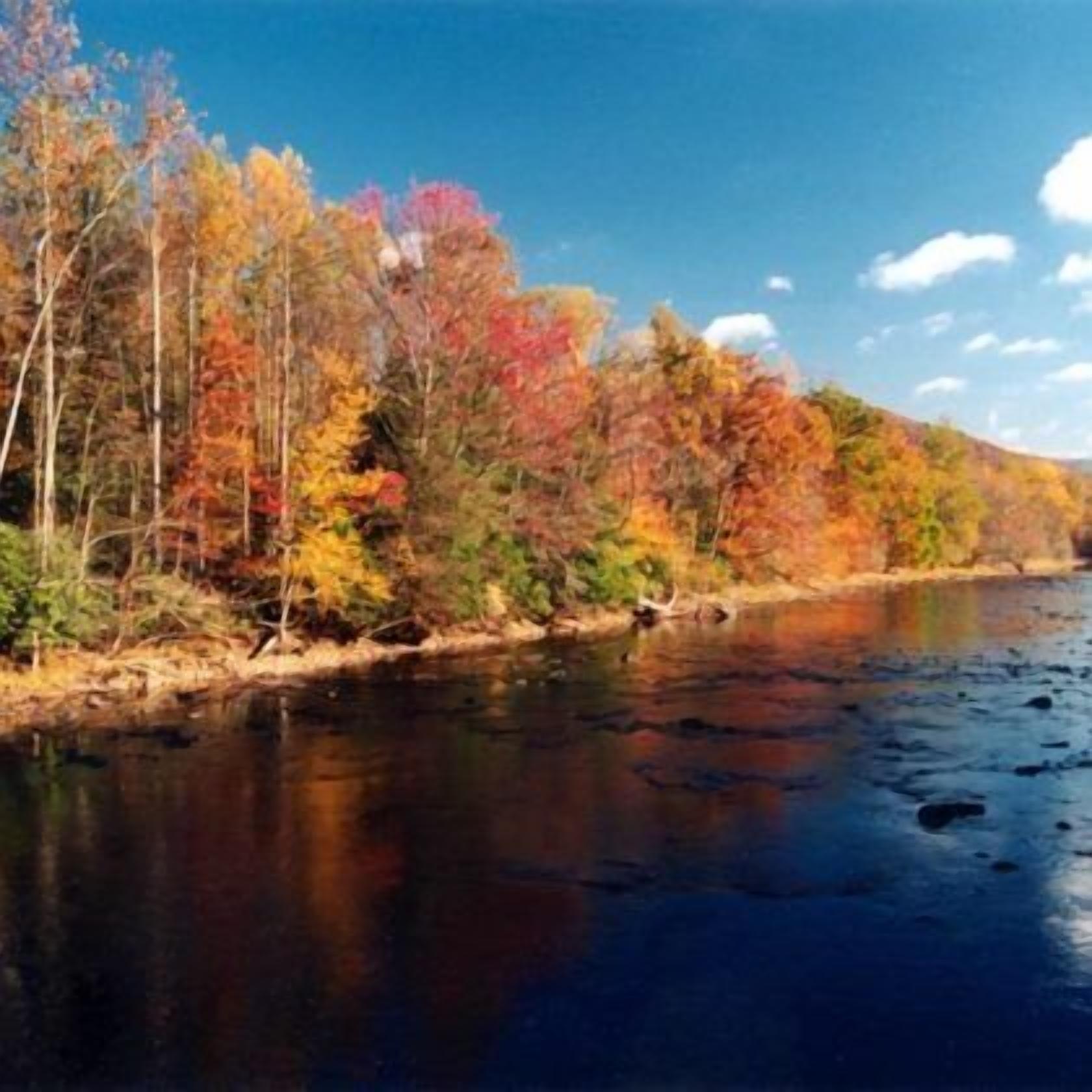 A calm river with autumn foliage reflecting on the water.