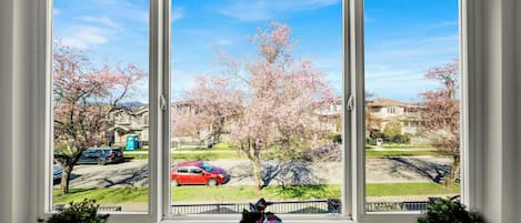 Une grande fenêtre donnant sur un quartier résidentiel, avec vue sur des maisons et des voitures garées.