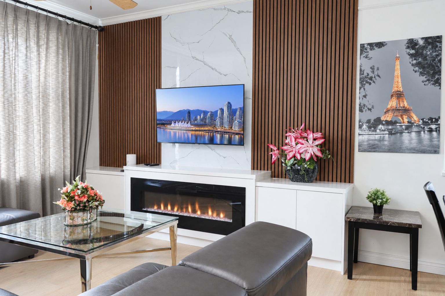 fireplace, television