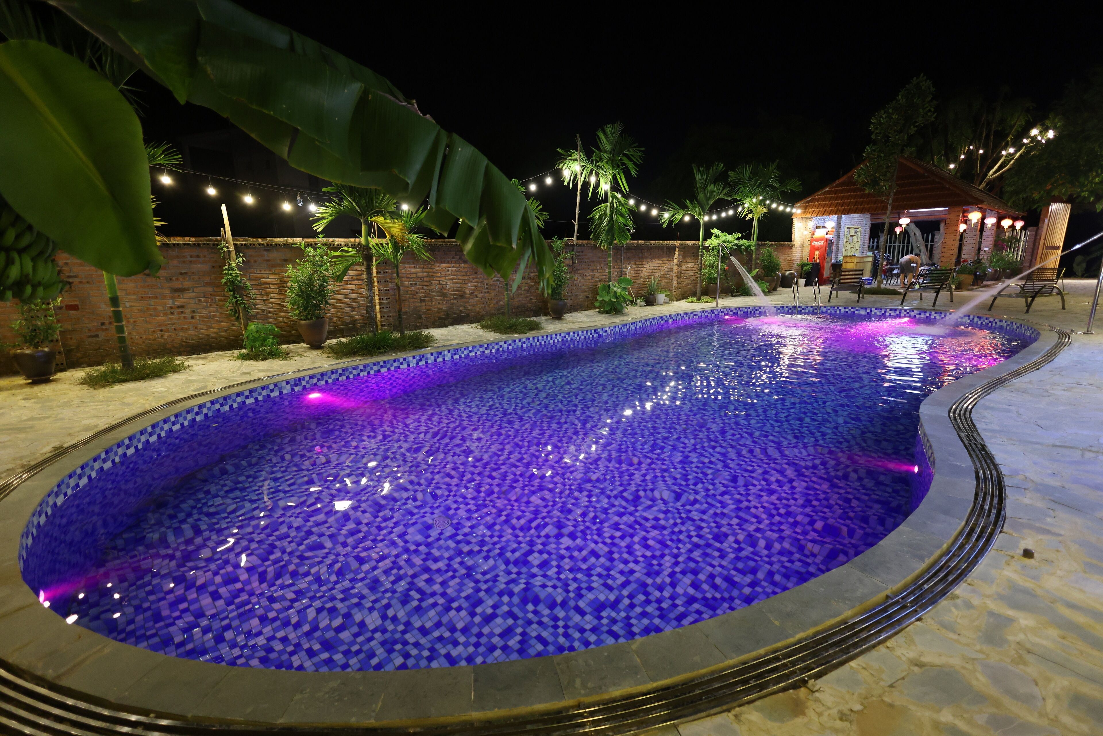 A swimming pool with a blue mosaic tile design, surrounded by a brick wall and potted plants.