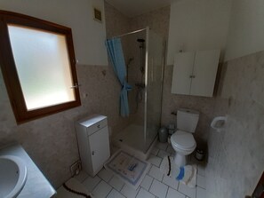 Bathroom features a shower area with a glass door, a white toilet, a sink, and a small cabinet.