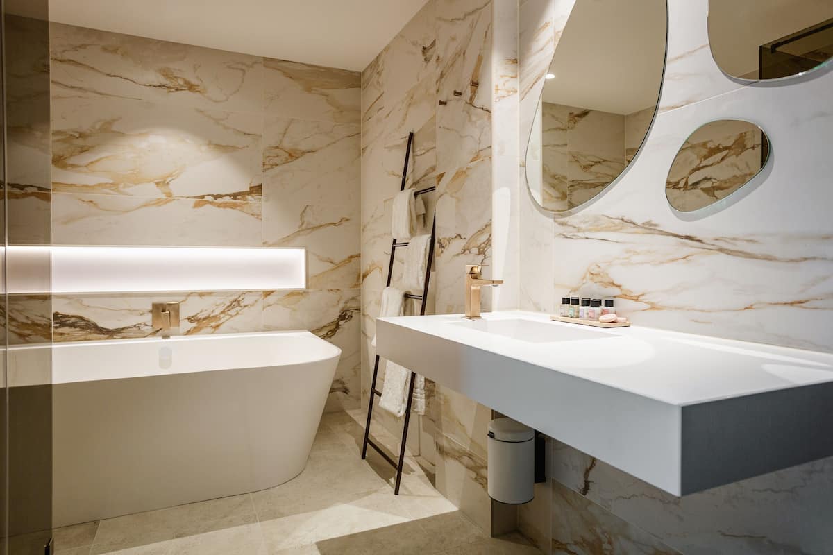 hair dryer, towels, soap, shampoo