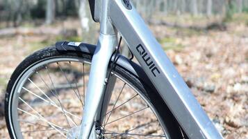 A bicycle with a silver frame and black components, positioned outdoors with a forest background.