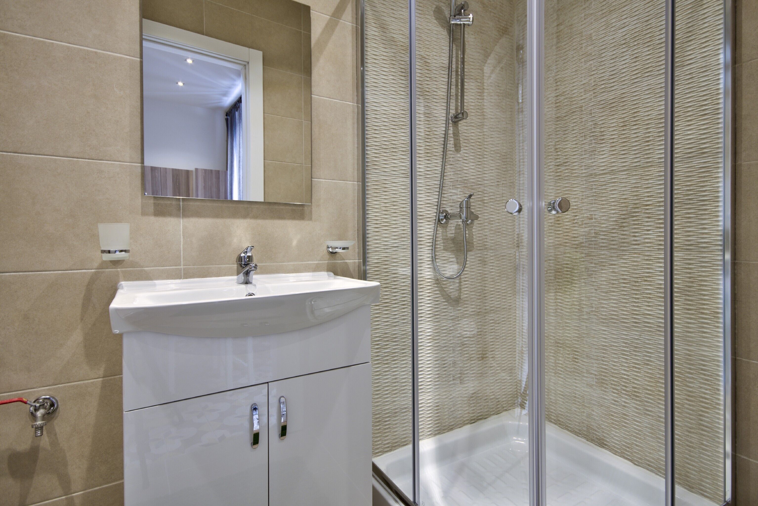 A modern bathroom with a glass-enclosed shower, a white sink, and a mirror above it.