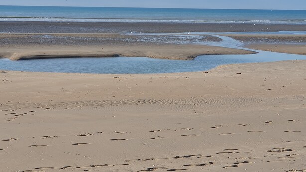Ein Strand mit einem weiten Sandbereich und einer kleinen Wasserfläche.