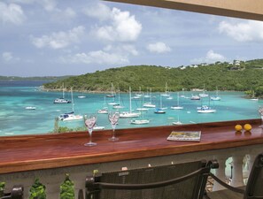 Udsigt over havet fra en balkon med gelænder i træ, et glas drik og et magasin.