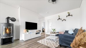 Fernseher, Kamin, Videothek, Stereoanlage