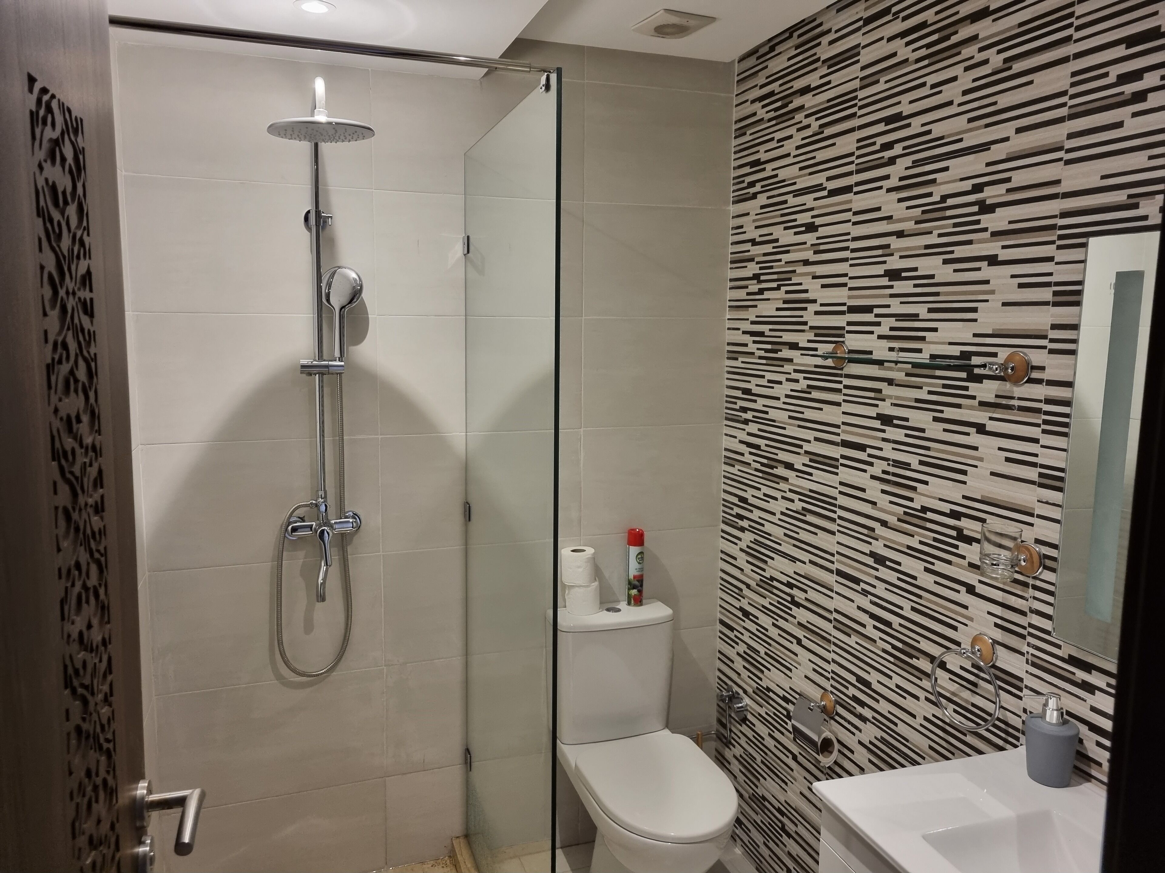 A modern bathroom with a glass-enclosed shower, a toilet, and a sink with a mirror.