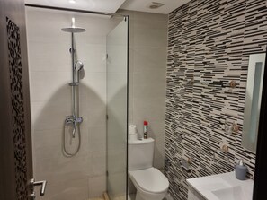 Douche, serviettes fournies, savon, shampooing