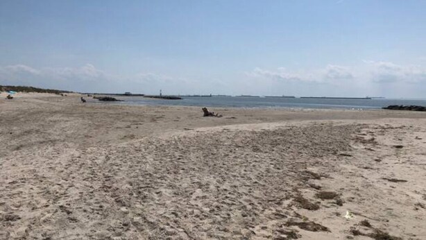 Ein weiter Sandstrand mit blauem Himmel und ruhiger See.