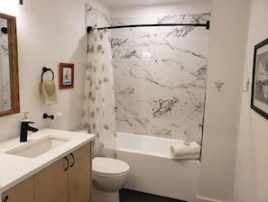 Hair dryer, towels, soap, shampoo