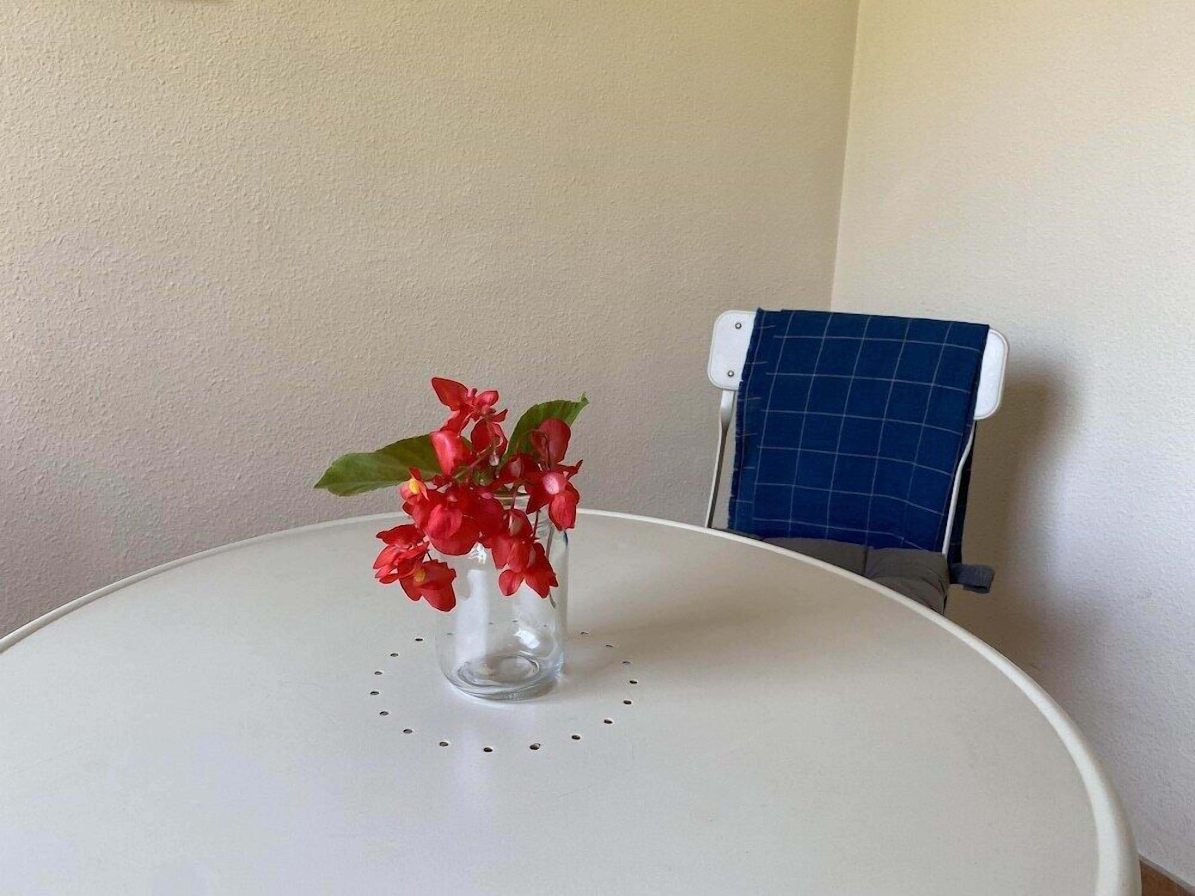 Una mesa redonda blanca con un jarrón de cristal transparente que contiene flores rojas. Un panel solar azul está montado sobre un soporte blanco frente a una pared lisa.