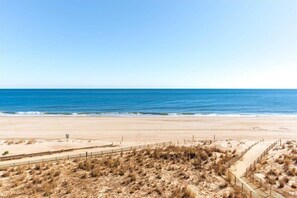 Une plage avec une clôture et une végétation desséchée au premier plan.