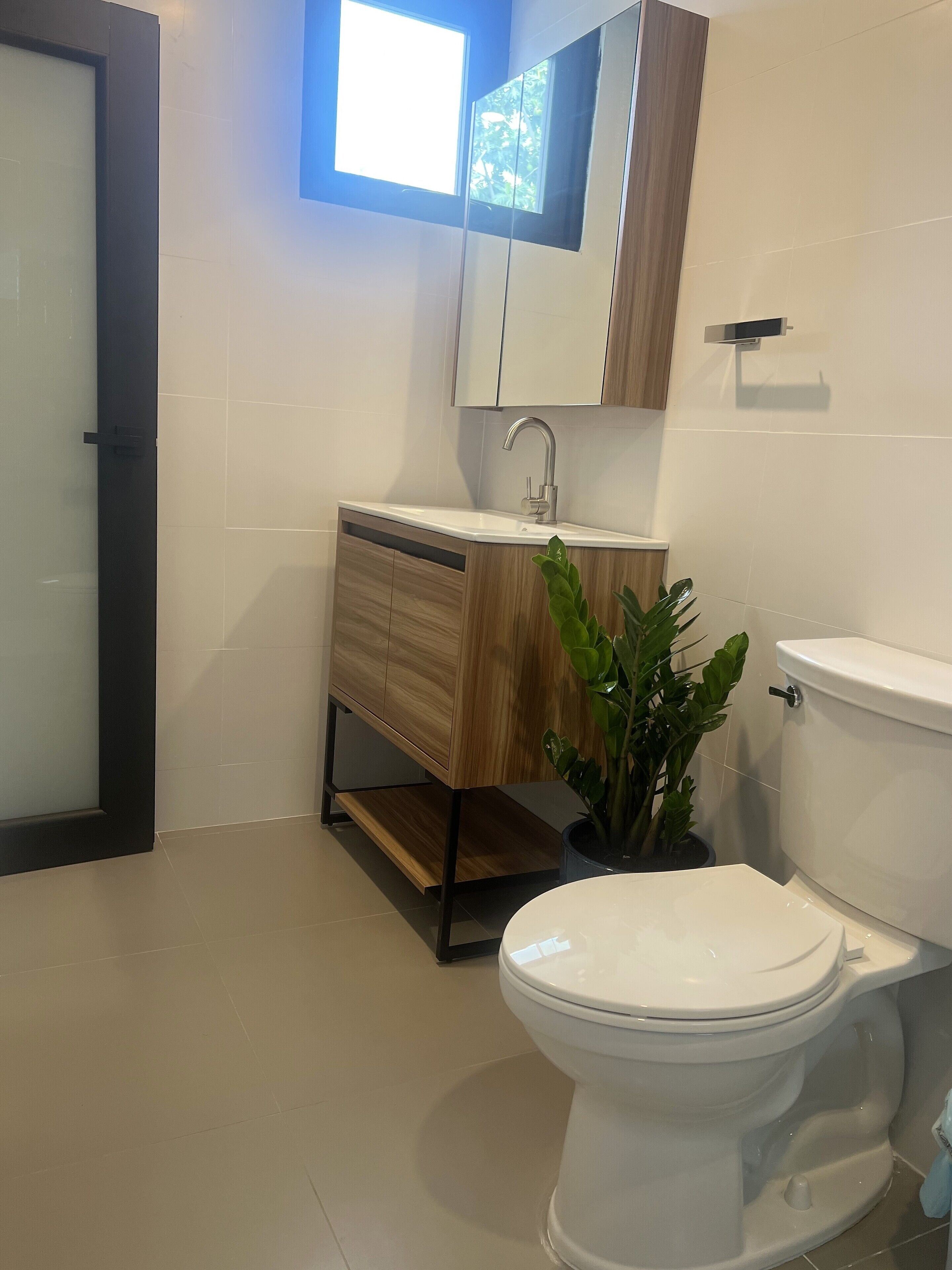 Un baño moderno con inodoro blanco, tocador de madera, lavamanos y una planta en maceta.