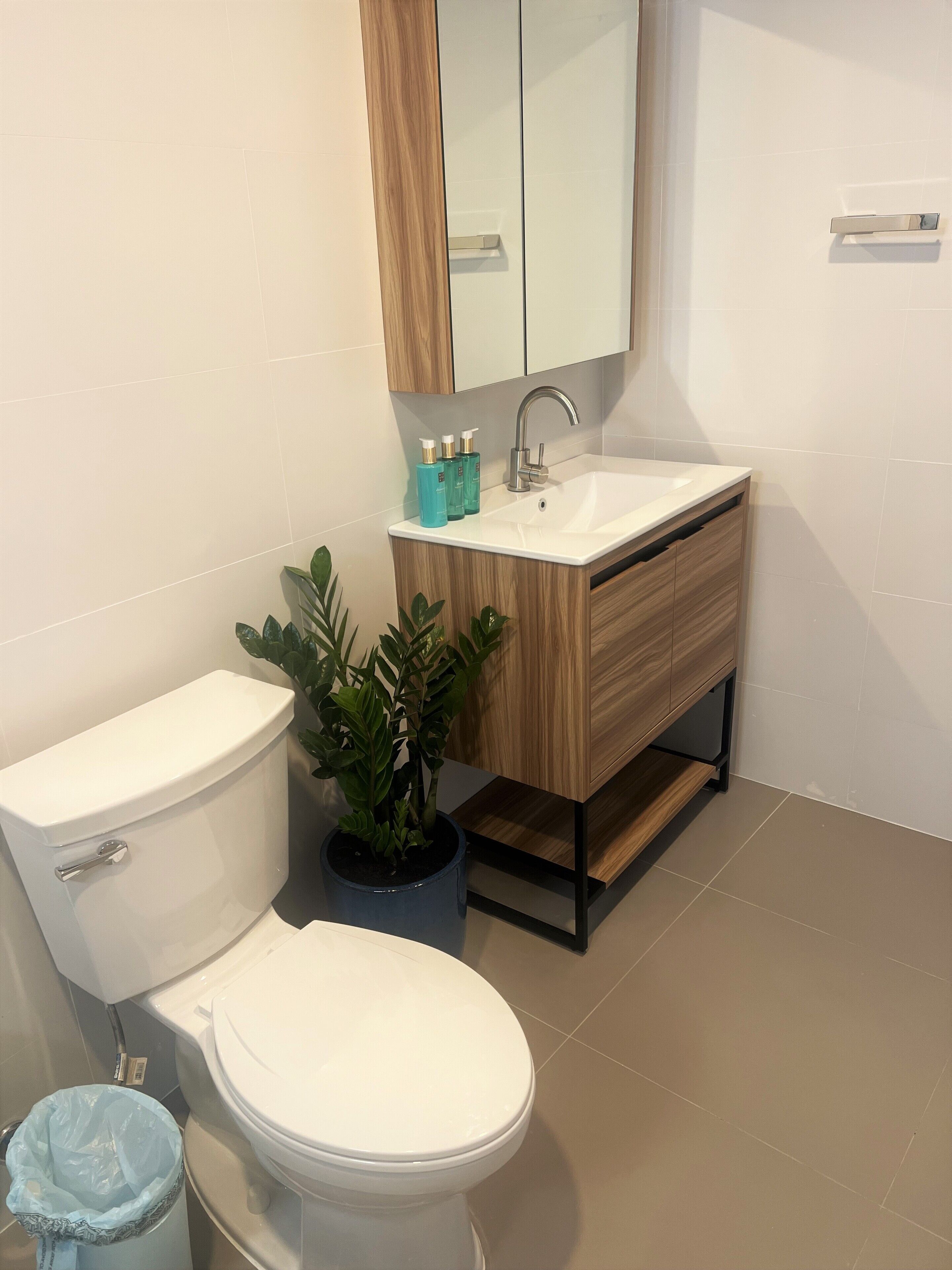 A modern bathroom with a white toilet, a sink with a wooden vanity, and a mirror above the mirror cabinet.