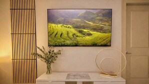 A flat-screen TV mounted on a wall above a white console with a vase of greenery and a decorative metal ring. - Wow! 5 min to DC/Metro/Mall Stunning 2B King Bed Pool Gym (Arlington)