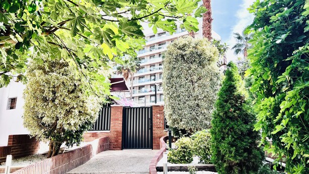 A gated entrance with a brick wall and metal gate, surrounded by lush greenery and tall trees. - New Trebol (Benidorm)