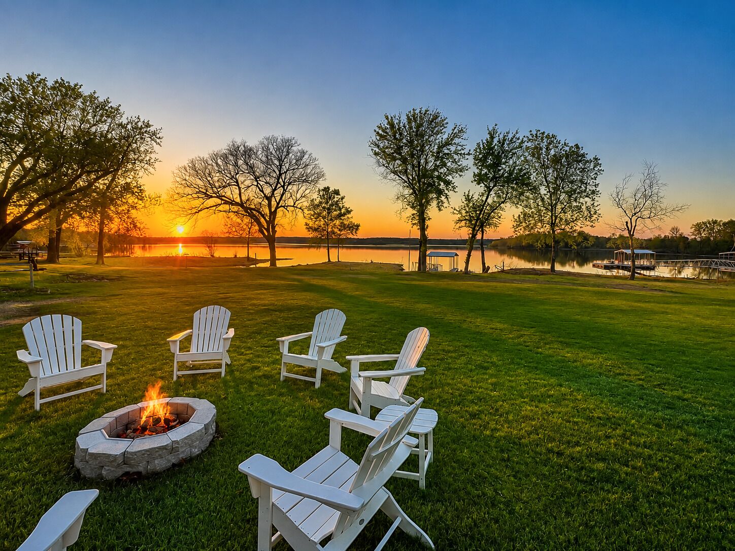 A grassy outdoor area with a fire pit and Adirondack chairs.