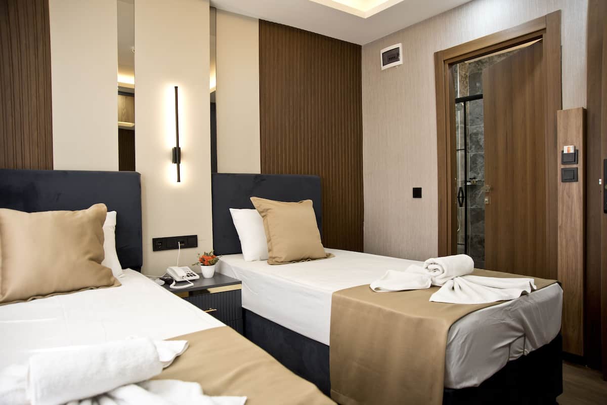 A hotel room with two beds, a bedside table with a phone, a small plant, and a door with a glass panel.