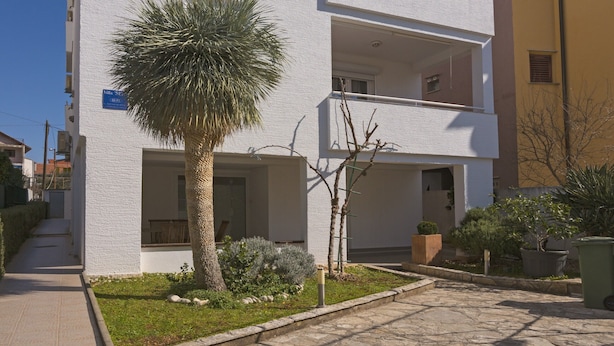 Een modern meerhoogbouw gebouw met balkons, een palmboom en een patio met stenen bestrating.