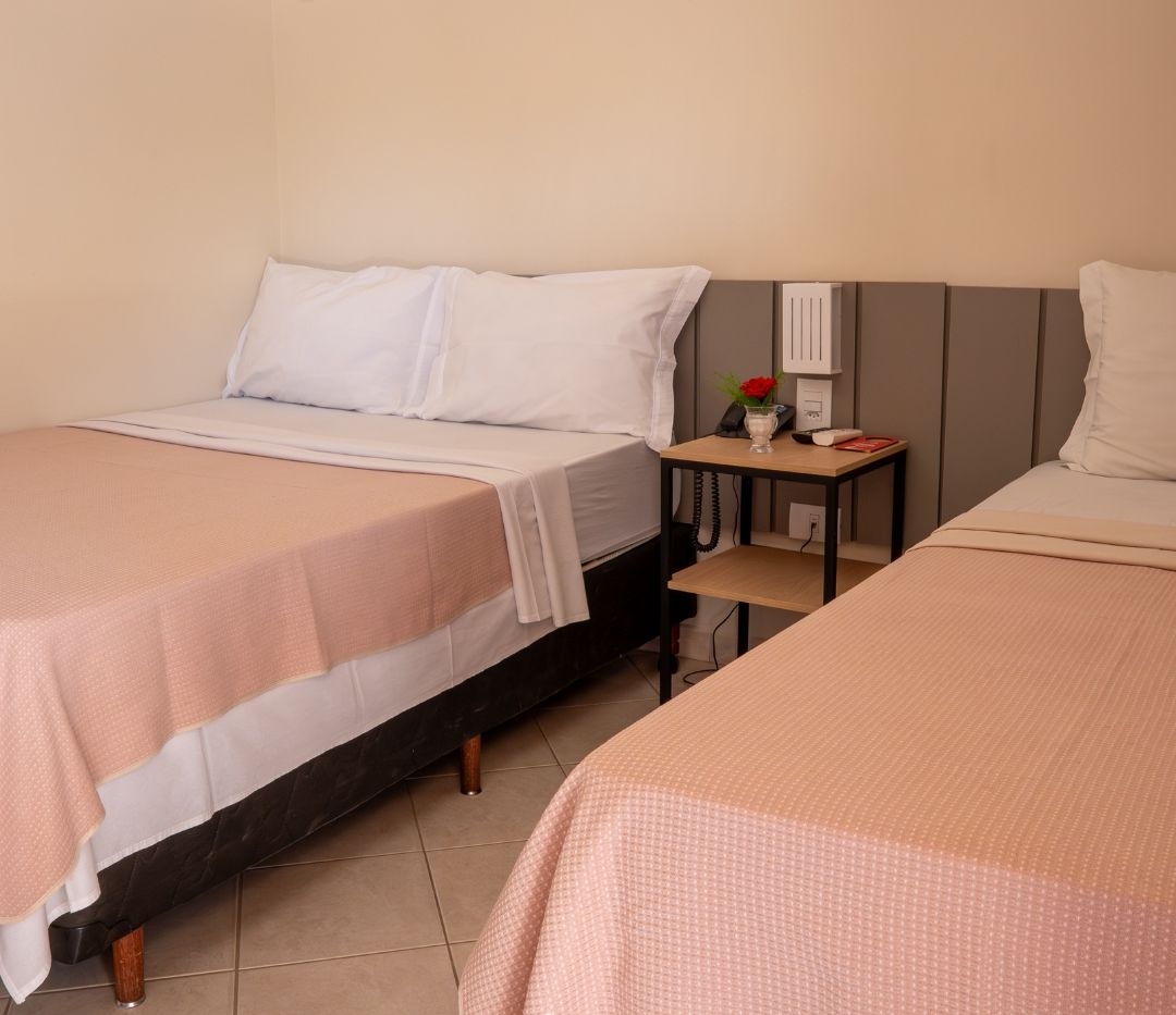 Una habitación de hotel con dos camas, una mesita de noche con lámpara y una pequeña mesa con un jarrón de flores.