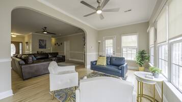 Smart TV, fireplace, books, computer monitors