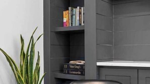 Un salon moderne avec un fauteuil en cuir noir, une bibliothèque et une plante en pot.