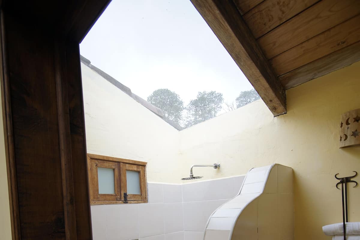 Shower, rainfall showerhead, hair dryer, towels