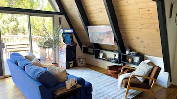 Smart-tv, een open haard, een dvd-speler en een filmbibliotheek