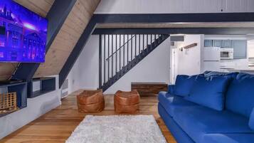 Smart TV, fireplace, DVD player, video library