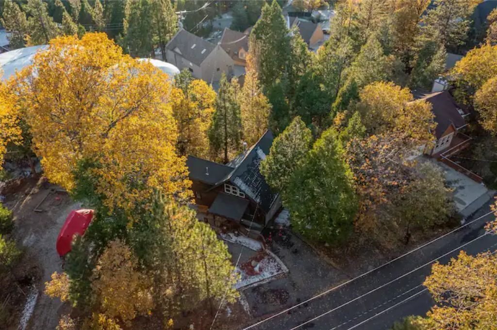 An aerial view of a residential area with houses surrounded by trees.