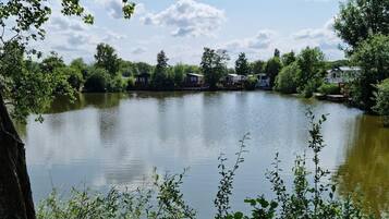 A calm lake with a row of cabins along the shore, surrounded by trees and greenery.