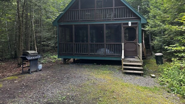 Een vakantiehuis met veranda en barbecue, omgeven door bomen.